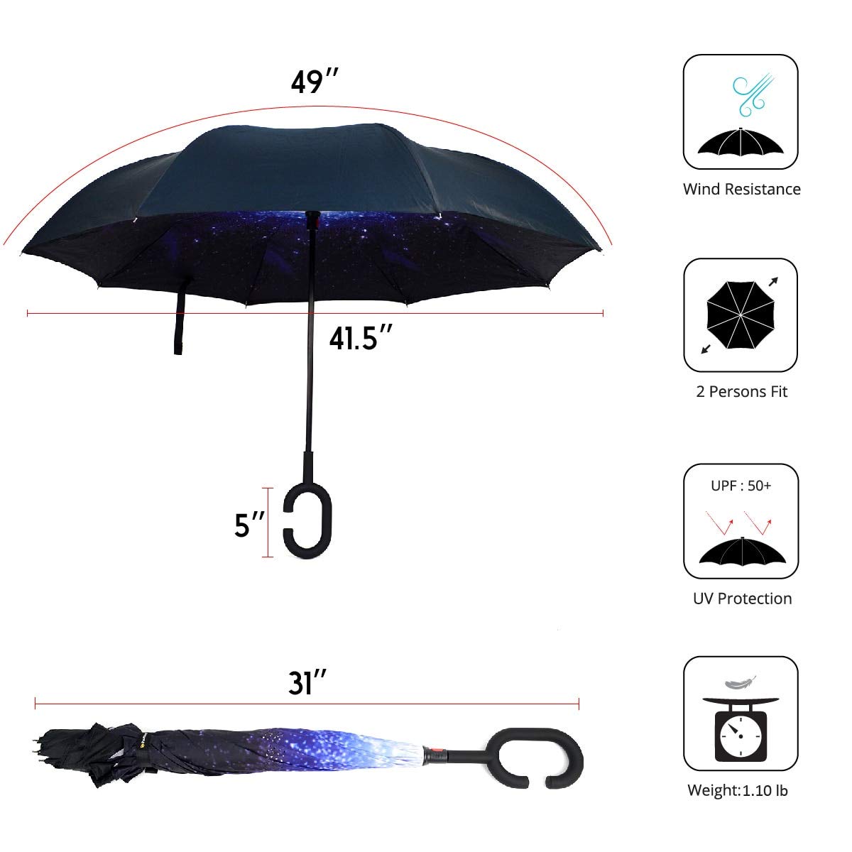 Parquet Double Layer Inverted Umbrellas C-Shaped Handle Reverse Folding Windproof Umbrella