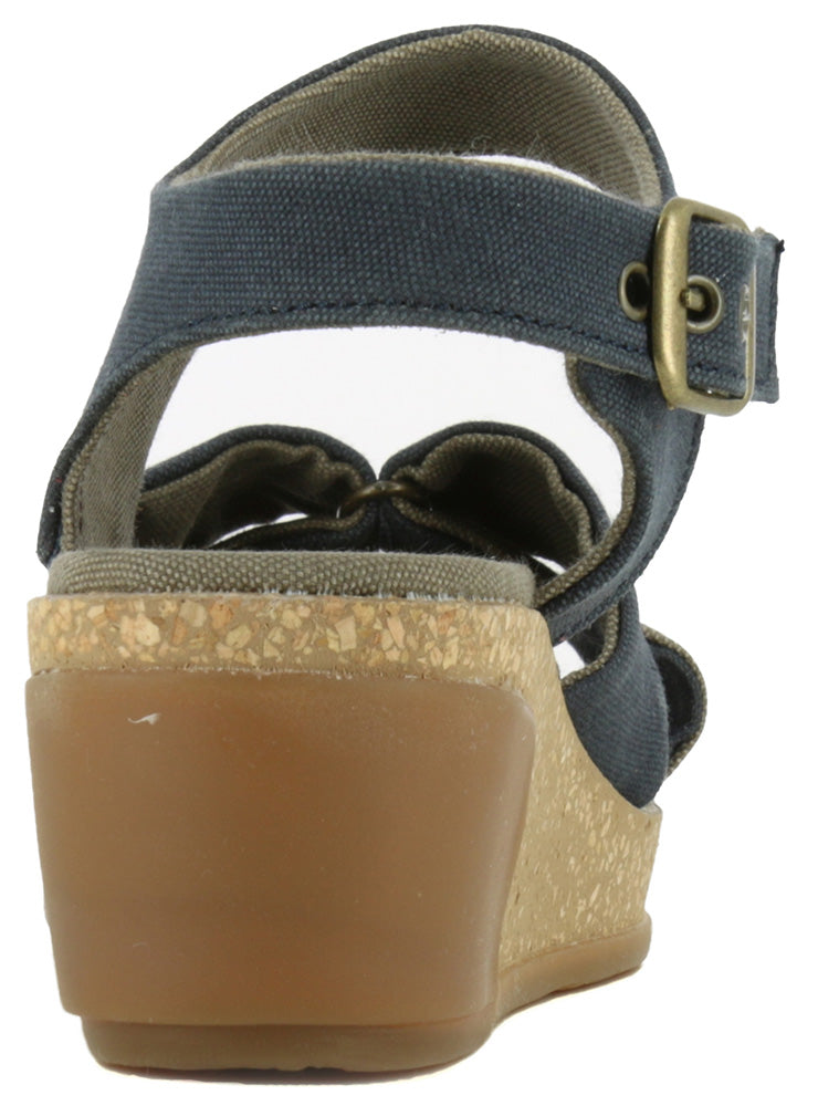 El Naturalista Women's Seaweed Canvas Wedge Sandal - Comfortable Vegan Shoes (Black/Leaves)
